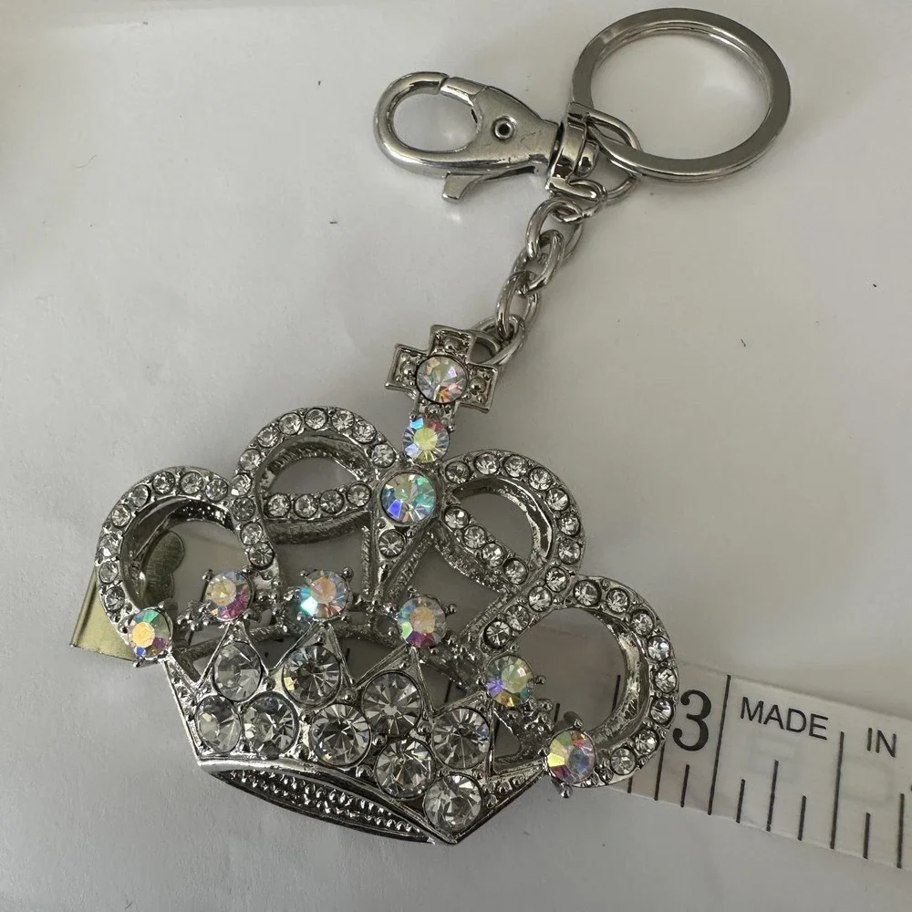 VTG Y2K‎ Silver Tone Crystal Crown Keychain Purse Bag Charm Clip Rhinestone Gem